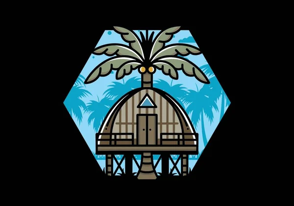 Εικονογράφηση Σήμα Σχεδιασμό Ενός Ξύλινου Σπιτιού Μεγάλη Καρύδα Δέντρο — Διανυσματικό Αρχείο