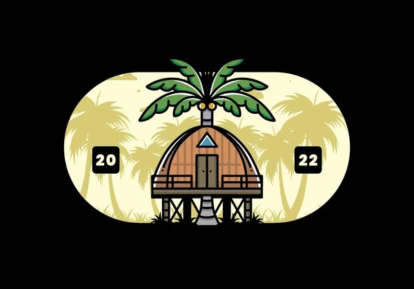 Illustration Badge Design Wooden House Big Coconut Tree — Stockvektor