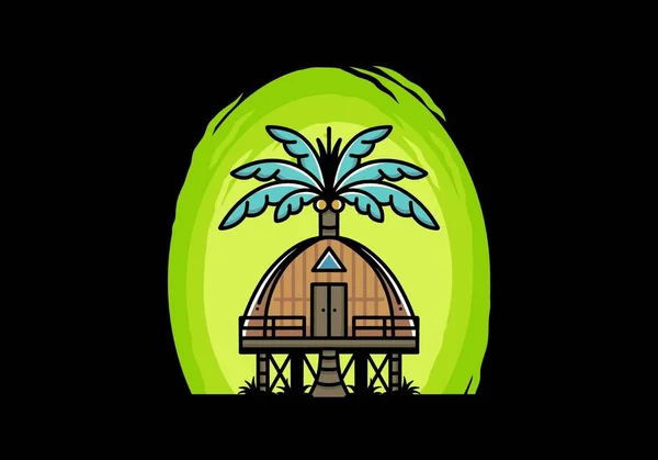 Illustration Badge Design Wooden House Big Coconut Tree — Stockvektor