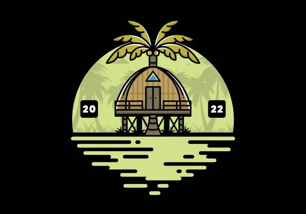 Illustration Badge Design Wooden House Big Coconut Tree — Vetor de Stock