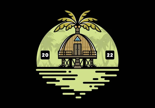 Illustration Badge Design Wooden House Big Coconut Tree — Archivo Imágenes Vectoriales