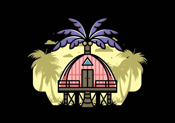 Illustration Badge Design Wooden House Big Coconut Tree — Stockvektor