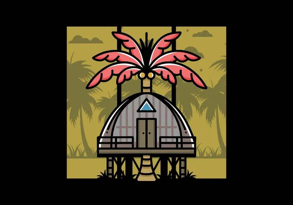 Illustration Badge Design Wooden House Big Coconut Tree — Vettoriale Stock