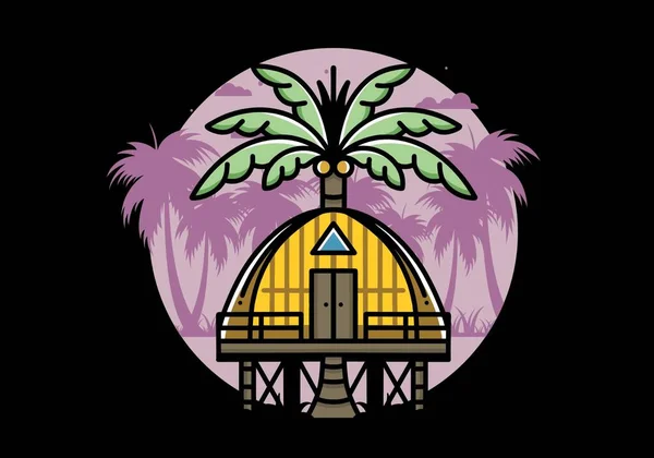 Illustration Badge Design Wooden House Big Coconut Tree — Vector de stock