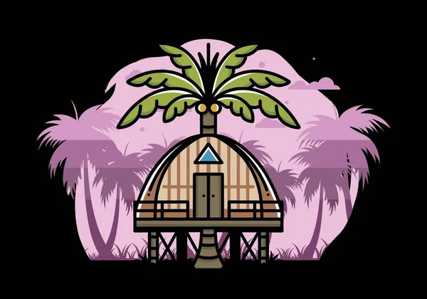 Illustration Badge Design Wooden House Big Coconut Tree — Archivo Imágenes Vectoriales