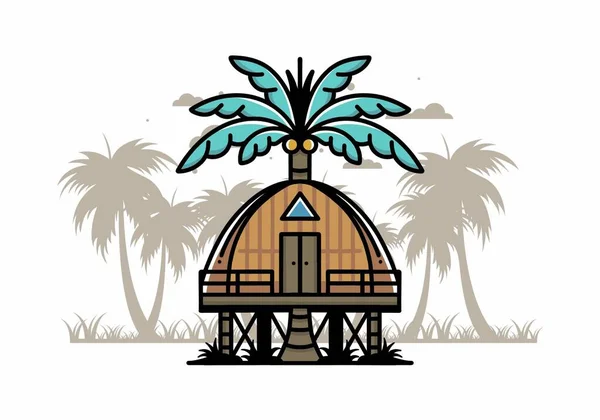 Дизайн Значка Ілюстрації Дерев Яного Будинку Великим Кокосовим Деревом — стоковий вектор