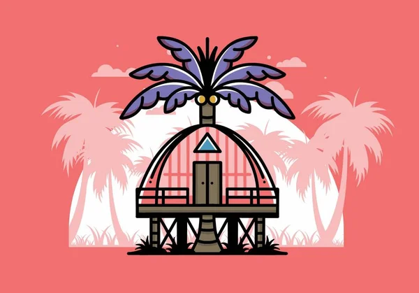 Illustration Badge Design Wooden House Big Coconut Tree — Stok Vektör