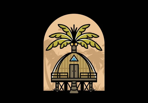 Illustration Badge Design Wooden House Big Coconut Tree — Image vectorielle