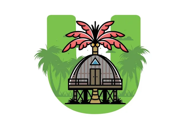 Illustration Badge Design Wooden House Big Coconut Tree — Stockvektor
