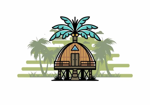Illustration Badge Design Wooden House Big Coconut Tree — Wektor stockowy