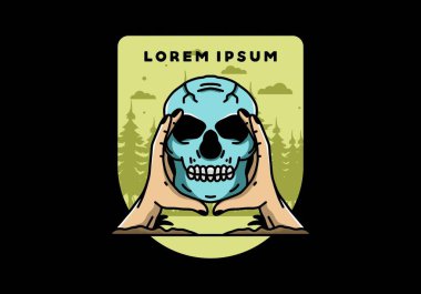 illustration badge design of two hand holding a skull