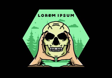 illustration badge design of two hand holding a skull