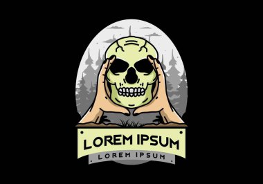illustration badge design of two hand holding a skull