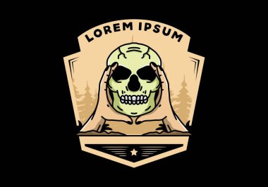 illustration badge design of two hand holding a skull
