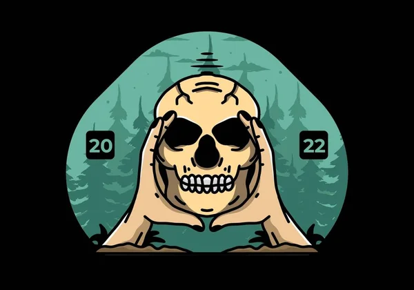 Illustration Badge Design Two Hand Holding Skull — Stockvektor