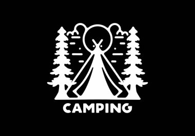 The Triangle tent and pine trees line art design on black background