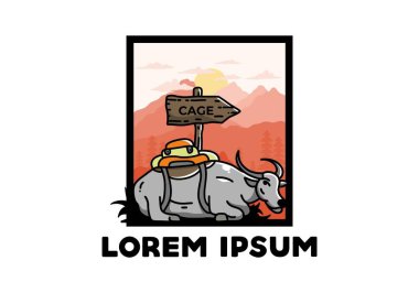 Sitting buffalo animal vector clip art illustration badge design