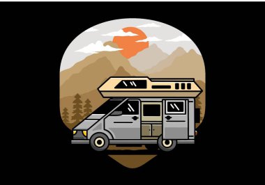 Big family van with sliding door for camping illustration badge design