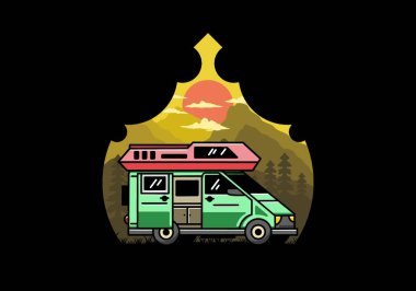 Big family van with sliding door for camping illustration badge design