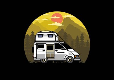 Çatı kutusu çizim rozeti tasarımlı büyük bir minibüs kampçısı.