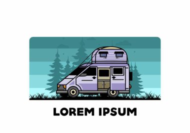 Çatı kutusu çizim rozeti tasarımlı büyük bir minibüs kampçısı.