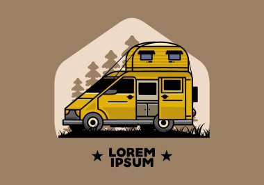 Çatı kutusu çizim rozeti tasarımlı büyük bir minibüs kampçısı.