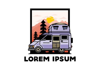 Çatı kutusu çizim rozeti tasarımlı büyük bir minibüs kampçısı.