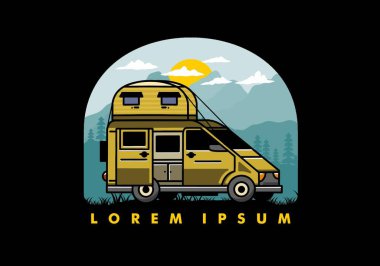 Çatı kutusu çizim rozeti tasarımlı büyük bir minibüs kampçısı.