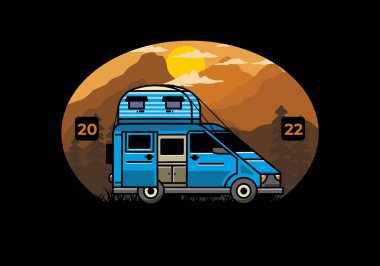 Çatı kutusu çizim rozeti tasarımlı büyük bir minibüs kampçısı.