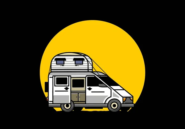 Grote Camper Met Dakbox Tent Illustratie Badge Ontwerp — Stockvector