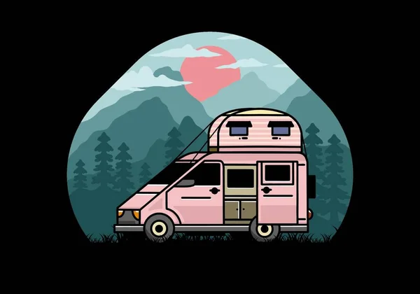 Camioneta Grande Camper Con Techo Caja Tienda Ilustración Insignia Diseño — Vector de stock