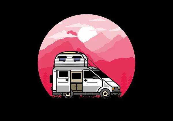 Camper Van Grande Com Design Crachá Ilustração Caixa Telhado — Vetor de Stock