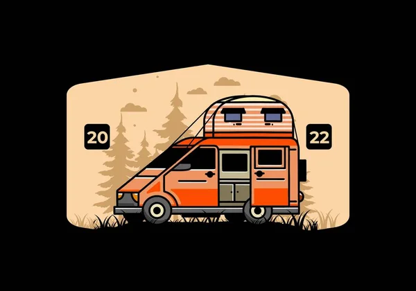 Grande Camionnette Camping Car Avec Toit Boîte Tente Illustration Badge — Image vectorielle