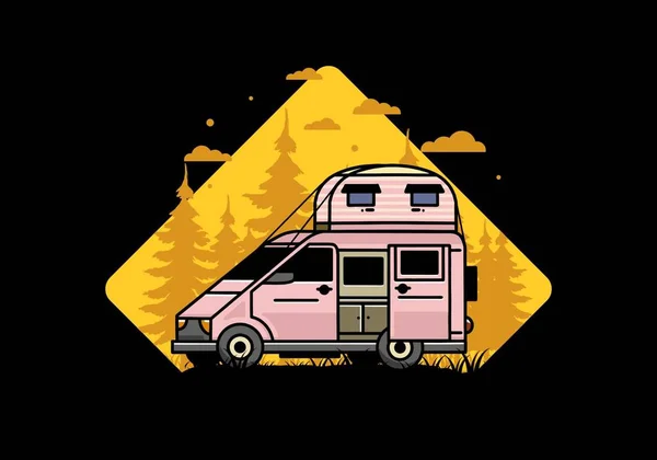 Camioneta Grande Camper Con Techo Caja Tienda Ilustración Insignia Diseño — Vector de stock