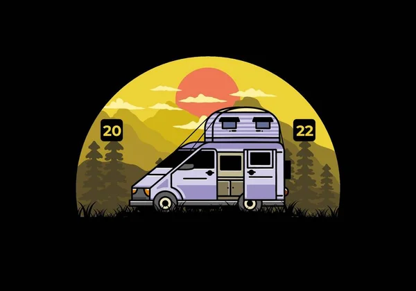 Grande Camionnette Camping Car Avec Toit Boîte Tente Illustration Badge — Image vectorielle