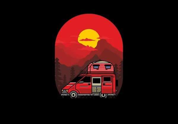 Grande Camionnette Camping Car Avec Toit Boîte Tente Illustration Badge — Image vectorielle