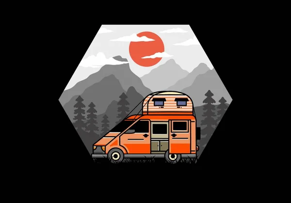 Grande Camionnette Camping Car Avec Toit Boîte Tente Illustration Badge — Image vectorielle