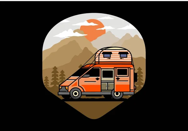 Grande Camper Van Con Tetto Scatola Tenda Illustrazione Disegno Distintivo — Vettoriale Stock