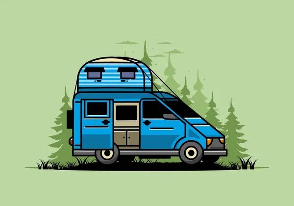 Grote Camper Met Dakbox Tent Illustratie Badge Ontwerp — Stockvector