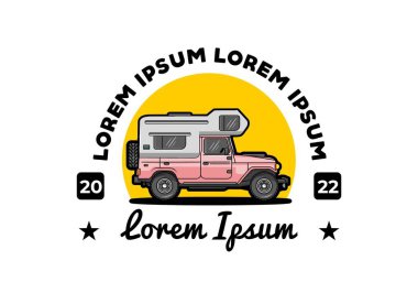 Stocky kampper araba illüstrasyon rozeti tasarımı