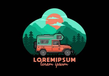 Stocky kampper araba illüstrasyon rozeti tasarımı