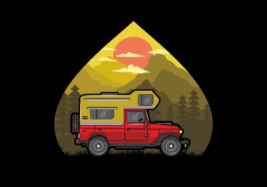 Stocky kampper araba illüstrasyon rozeti tasarımı