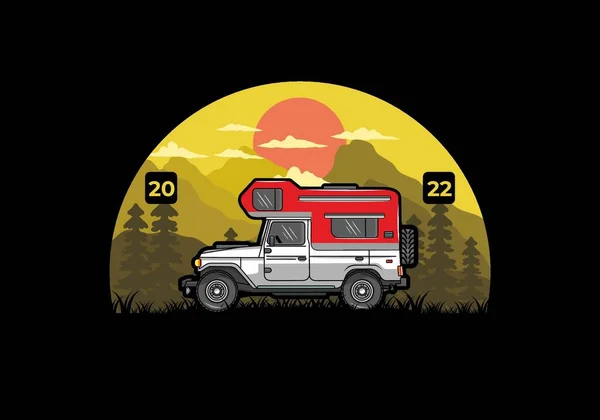 Stocky Camper Coche Ilustración Insignia Diseño — Vector de stock