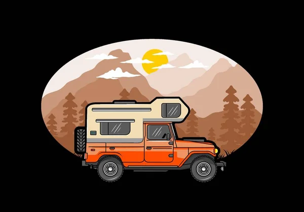 Stocky Camper Coche Ilustración Insignia Diseño — Vector de stock