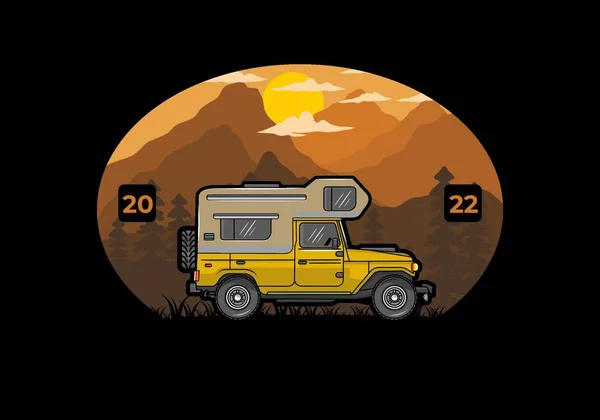 Stocky Camper Coche Ilustración Insignia Diseño — Archivo Imágenes Vectoriales