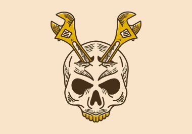 Kafatası retro vintage çizgi tasarımı üzerinde anahtar aracı