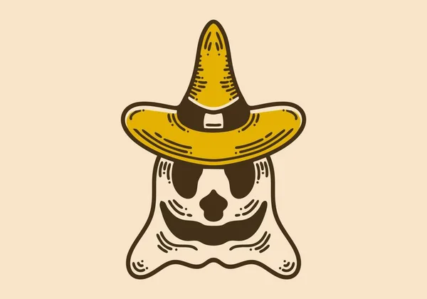 Fantasma Sonriente Con Sombrero Bruja Retro Diseño Arte Línea Vintage — Archivo Imágenes Vectoriales