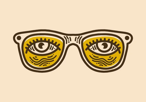 Glasses Two Bulging Eyes Retro Vintage Line Art Design — Stock Vector