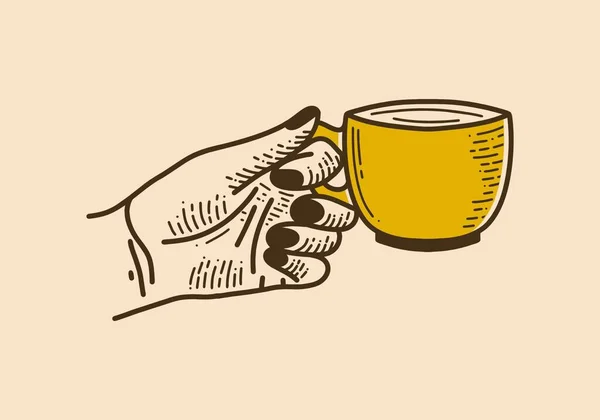 Руки Держа Чашку Кофе Ретро Винтажный Дизайн Линии Искусства — стоковый вектор
