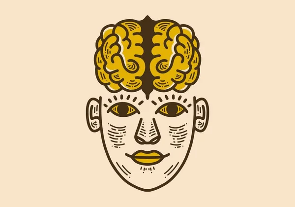 Flat Face Brain Retro Vintage Art Design — Stock Vector